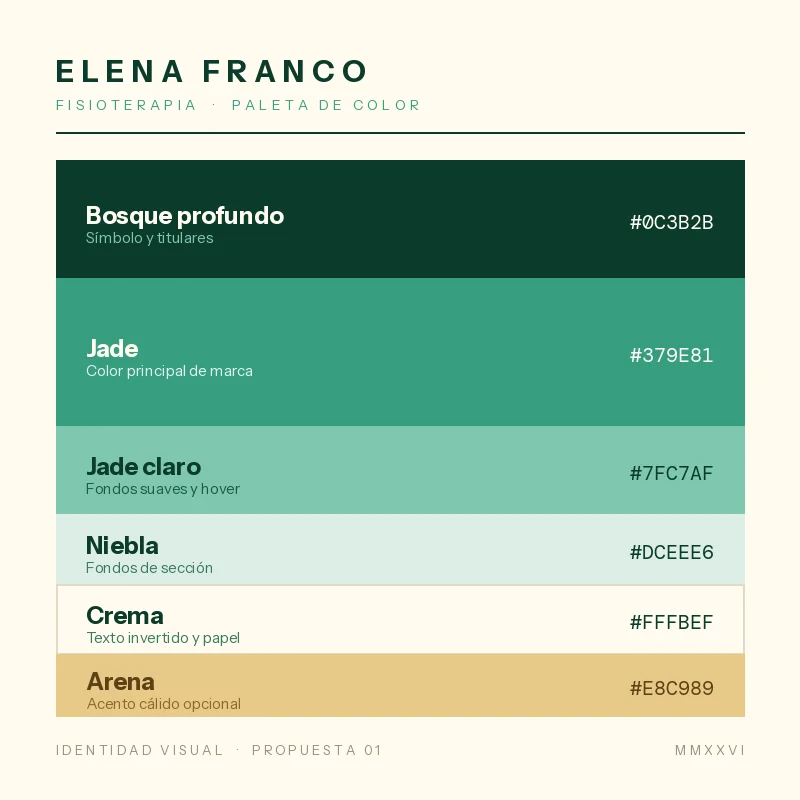 Paleta de color: familia de verdes del bosque al jade, con acento arena