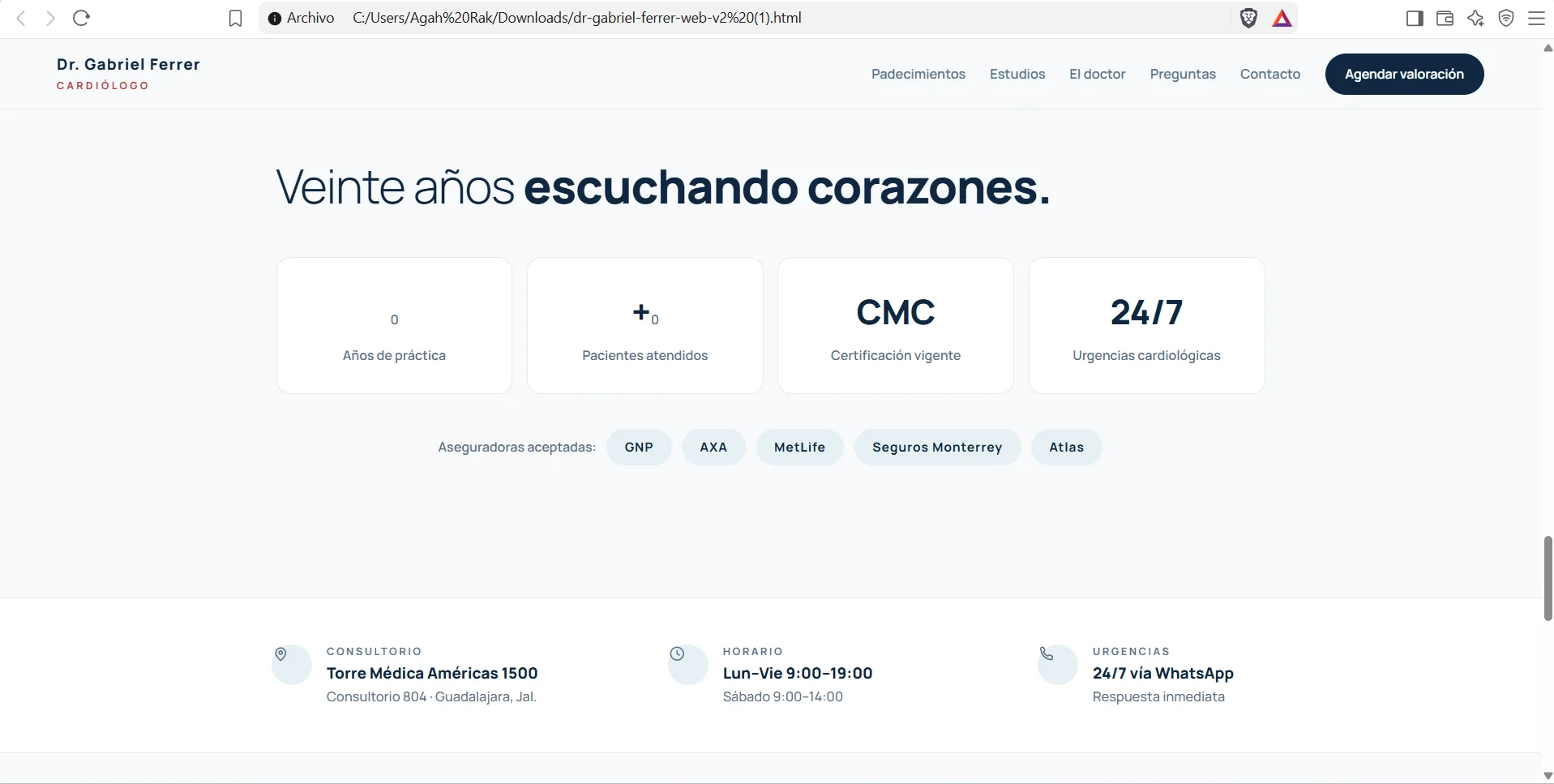 Sección del sitio web del Dr. Gabriel Ferrer