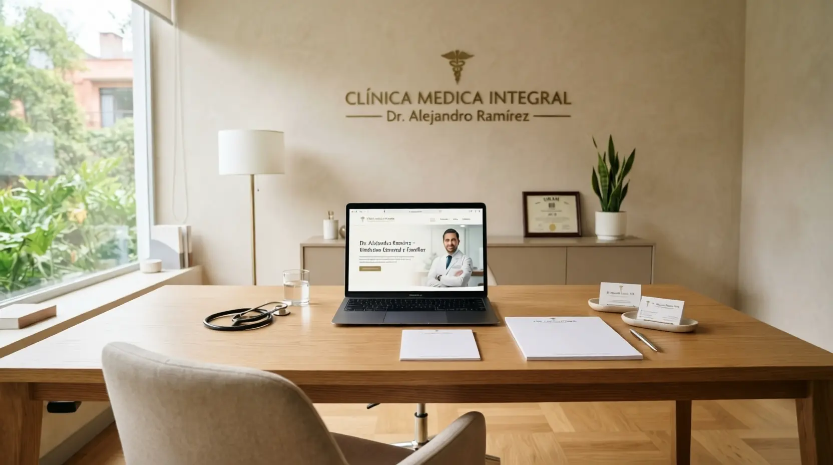 Consultorio de médico con marca profesional y fotografía editorial